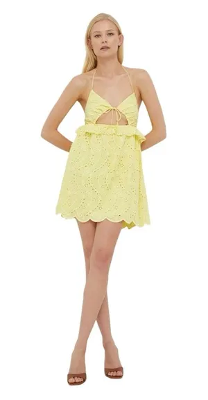 For Love & Lemons Yellow Eyelet Natalia Mini Dress Womens XL thumbnail 1