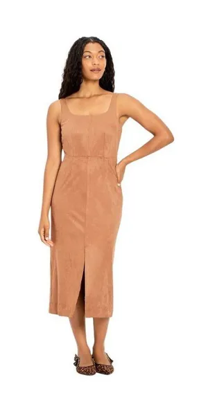 NEW Future Collective Womens 90's Suede Midi A-Line Dress 94642519 Brown M thumbnail 1