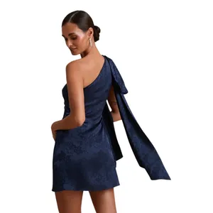 Lulus Jayda Navy Satin Jacquard One-Shoulder Sash Mini Dress size L NWT thumbnail 4