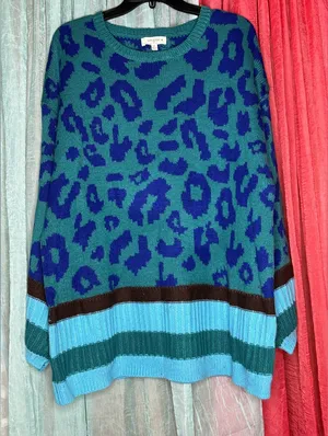 Umgee Teal and Blue Leopard Print Sweater thumbnail 1