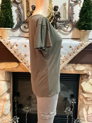 Khaki green Bebe rhinestone top with V-neck  thumbnail 3