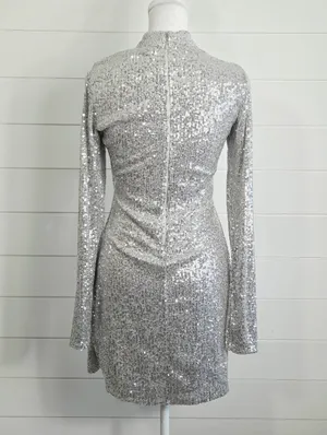 Abercrombie & Fitch Silver Shimmering Sequin Long Sleeve Mini Dress Size S thumbnail 4