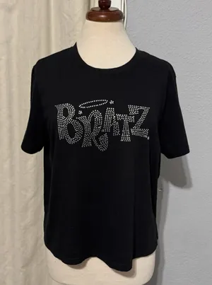 Bratz Women Black Silver‎ Rhinestone Bling Spell Out Retro Y2K Style Top XL thumbnail 1