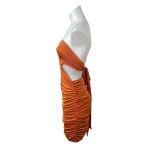 Tiger Mist Coral Strapless Tube Bandeau Cutout Tie Ruched Mini Bodycon Dress M thumbnail 2