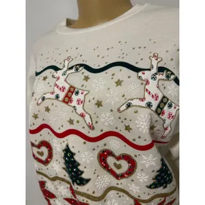 Vintage 90s NutCracker Christmas Sweatshirt White Reindeer Poinsettia Glitter M thumbnail 7