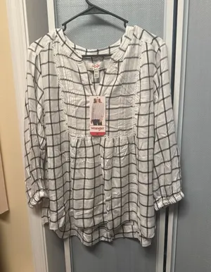 Wrangler Women's Windowpane Plaid Pintuck Blouse with Lace Trim, Size Medium thumbnail 1