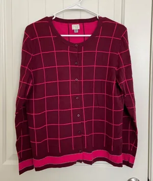 EUC | A New Day women’s maroon pink checkered‎ plaid button cardigan sweater XL thumbnail 1