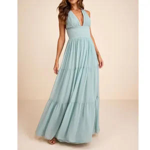 NEW Lulus Leora Light Blue Plunging Chiffon Pleated Tiered Maxi Dress Small thumbnail 4