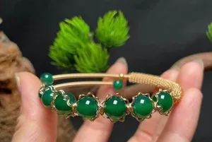18K Gold Plated Green Agate Jewelry Set,Agate Beaded Charm Bracelet,Crystal Agate Ring(2pcs/set) thumbnail 2