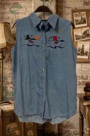 Vintage Beach Scene Sleeveless Denim Embroidered Shirt - Light Blue thumbnail 1