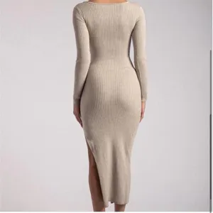 ✨Meshki Taupe Tan Cali Long Sleeve Ribbed High Slit Midi Sz Large Dress✨ thumbnail 4