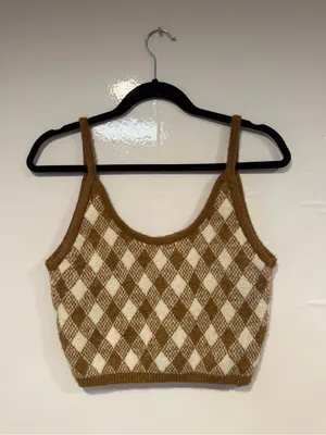 Zara Brown & Cream Argyle Knit Crop Tank‎ Top thumbnail 3