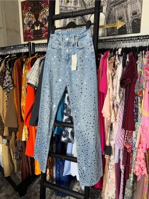 Zara Rhinestone Studded Wide Leg Jeans Light Wash Denim Womens 4 New NWT thumbnail 4