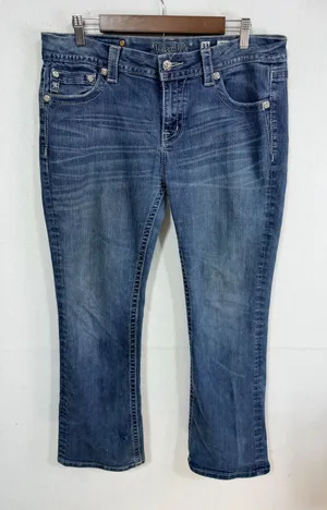 Miss Me Mid-Rise Easy Boot Jeans Size 33 Blue Embellished Denim Y2K Style Cotton thumbnail 1