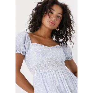 New! Lulus Dreamy Darling Blue and White Floral Puff Sleeve Midi‎ Dress Sz Small thumbnail 3