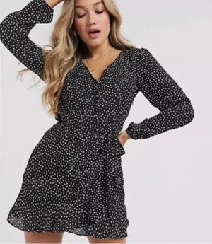 Abercrombie Fitch Faux Wrap Mini Flounce Dress Women’s XS Black White Polka Dot thumbnail 1