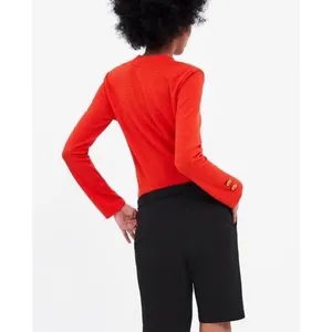 Zara Womens Red V-Neck Ribbed Knit Sweater Gold Filigree Button Cuff Size Medium thumbnail 2