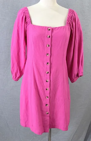 L*Space Bright Pink Puff Sleeve Square Neck Button Front Mini Dress‎ M thumbnail 1