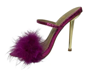 SheIn Women's Purple Fuzzy Fur Pointed Toe Slip On Gold Stiletto Heels Sandals 8 thumbnail 1