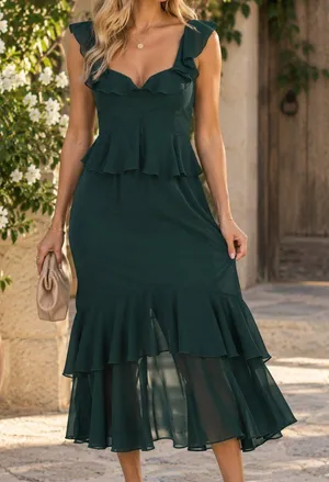 Show Me Your Mumu Reese Ruffle Emerald Green Satin Midi Dress XXS NWT thumbnail 1
