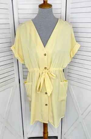 Zara Button Front Tie Waist Shirt Dress‎ Yellow XS Cap Sleeve thumbnail 1