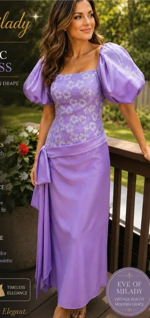 Vintage Lilac Floral Midi Dress with Puff Sleeves thumbnail 1