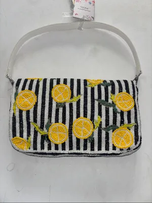 Black And White Stripe Beaded Bag With Lemon Design Double Snap Closure Nwts thumbnail 5