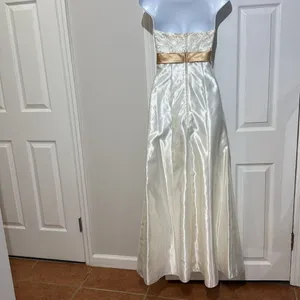 Jessica McClintock Gunne Sax Strapless Embroidered Gold Lace Satin Maxi Dress‎ 1 thumbnail 4