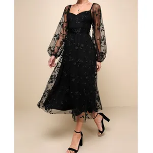 NEW Lulus Darling Charisma Black Mesh Embroidered Balloon Sleeves Midi Dress XS thumbnail 4