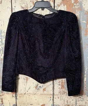 Vintage Warren Petites Black Velvet Evening Top Sparkly Paisley Pattern Small thumbnail 1