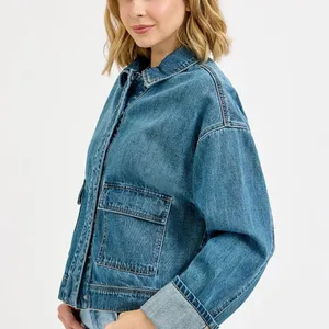 ✨NWT RISEN Oversized Cargo Pocket Denim‎ Jacket with Cuffed Sleeves Size M thumbnail 5