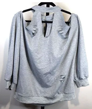 Edgy Gray Cold Shoulder Cutout Sweatshirt XXL Long Sleeve Top Distressed thumbnail 1