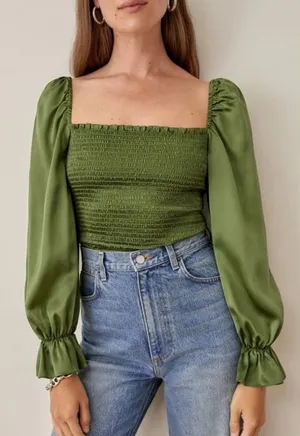 Reformation Chamomile Top Size Small in Moss‎ Green Silk Satin Smocked Blouse thumbnail 1