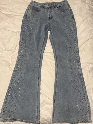Women's Light Blue Flared Jeans with Rhinestone Detail thumbnail 1