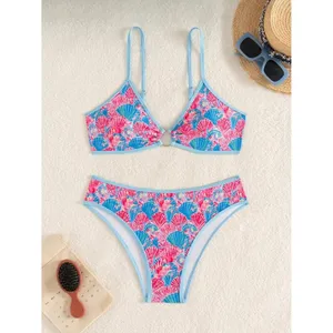 Boutique Women's XS Junior Triangle Bikini O Ring Colorful Two-Piece Swimsuit Fan Floral thumbnail 4