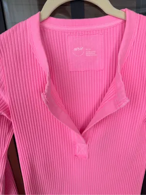 Aerie Bright Pink Ribbed Long Sleeve Henley Top neon tee crop vneck fitted thumbnail 3
