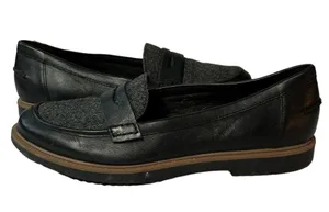 Clarks Women’s Raisie Eletta Loafer Black Leather Tweed 10 Soft Cushion thumbnail 1