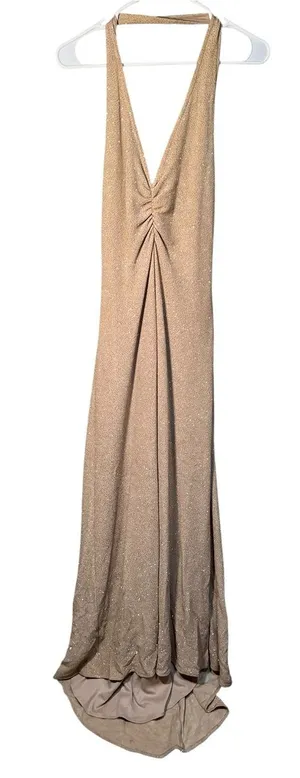Vintage Bari Jay Women's Maxi Dress Halter V-Neck Cinched Beige‎ Gold Glitter thumbnail 1