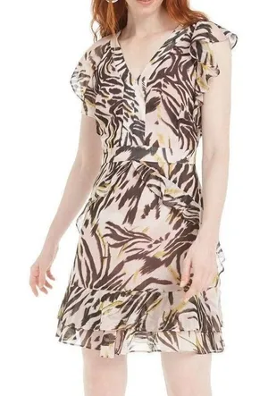 bar III Mini Dress Sz‎ 6 Pink Abstract Animal Print Ruffle Flutter Party thumbnail 1