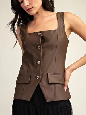 Amanda Jean NYC NWT Vegan Squared Neckline Tailored Top Brown Size M thumbnail 1