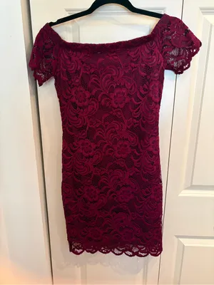 Ambience I Off-Shoulder Lace Sheath Dress in Burgundy NWT thumbnail 3