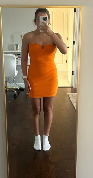 Curve-Hugging Strapless Mini Dress in Bright Orange thumbnail 1