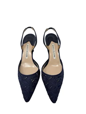 Manolo Blahnik Carolyne 70 Navy Blue Floral Lace Slingback Pumps Size 37.5 thumbnail 5