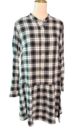Gap Womens Black White Plaid Long Sleeve Button Down Dropped Waist Dress Size M thumbnail 1