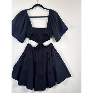 Free People Mini Dress Black Cross Of Sunlight Cutout Waist Smocked Tiered Small thumbnail 9