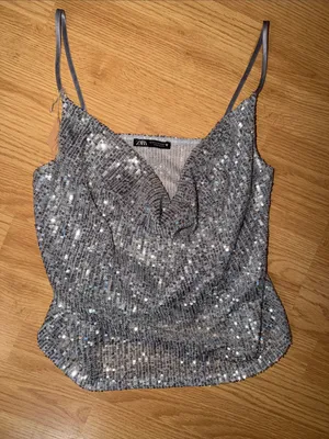 Zara Silver Sequin Cowl Camisole thumbnail 1