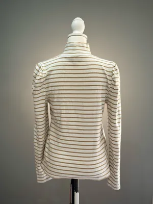 White/Tan J. Crew Puff Sleeve Ribbed Turtleneck Top Size L EUC thumbnail 2