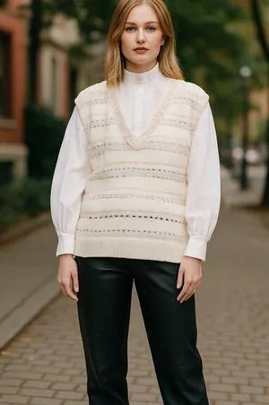 NWT ZARA COMBINATION POINTELLE VEST Sweater Top Super Oversize M Ivory thumbnail 1