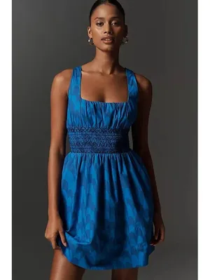Anthropologie Maeve Blue Smocked Square Neck Mini Dress Size M thumbnail 2