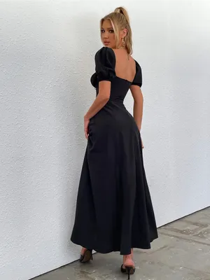 $69 NWOT Marthea Puff Sleeve Tie Front Off Shoulder Slit Thigh Dress - Black M thumbnail 3